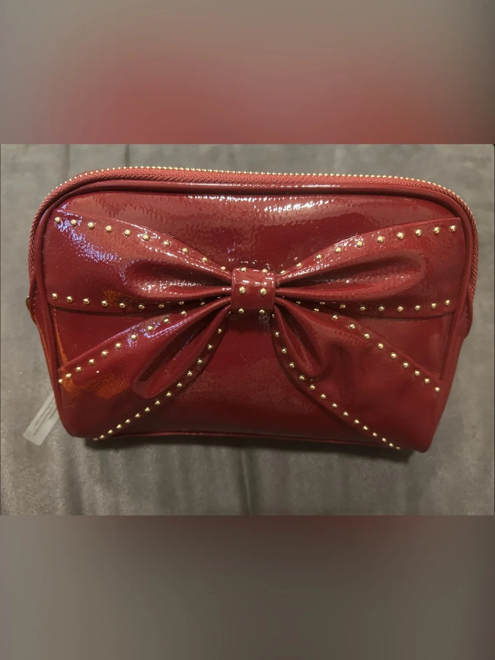 NWOT Vince Camuto Burgundy Red Patent Bow Studded Accent Clutch Cosmetic Bag